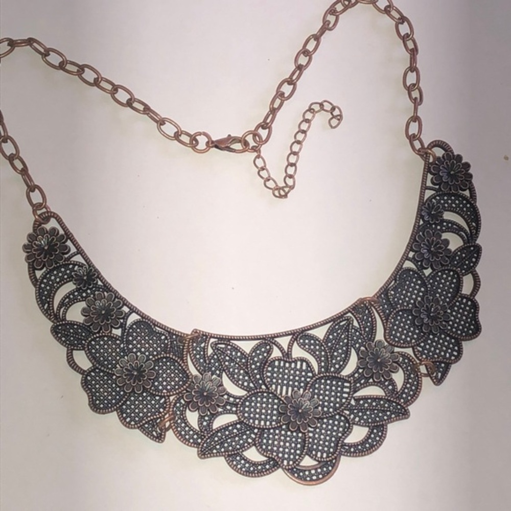 Elegant Copper Bronze Tone Floral Boho Statement Necklace